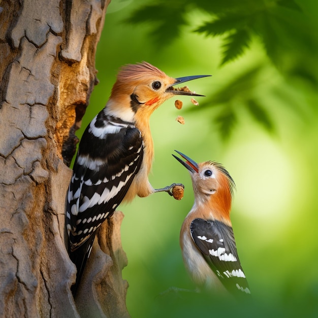 Hoopoe eurasiático upupa epops alimentando filhote dentro da árvore no verão natureza pássaros pequenos comendo