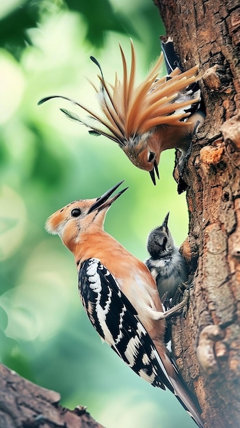 Hoopoe eurasiático upupa epops alimentando o filhote dentro