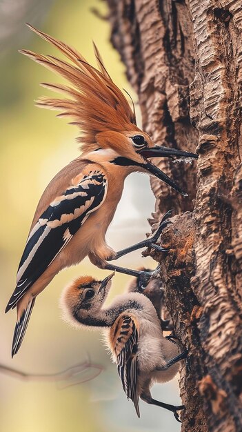 Hoopoe eurasiático upupa epops alimentando o filhote dentro