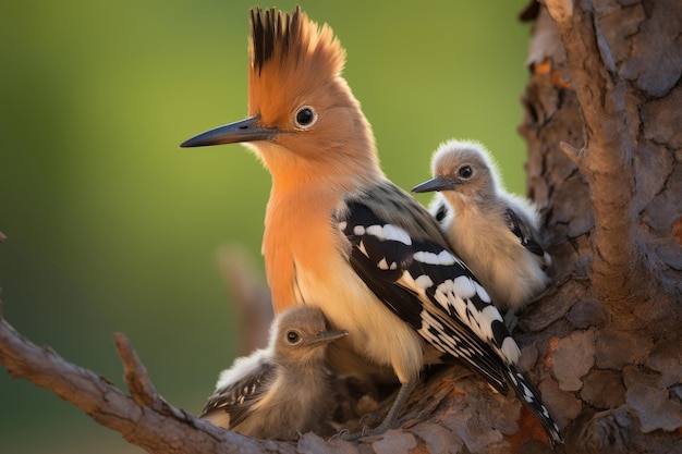 Foto hoopoe eurasiático upupa epops com filhotes