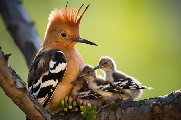 Foto hoopoe eurasiático upupa epops com filhotes