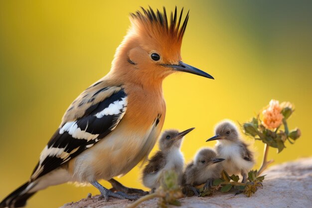 Foto hoopoe eurasiático upupa epops com filhotes