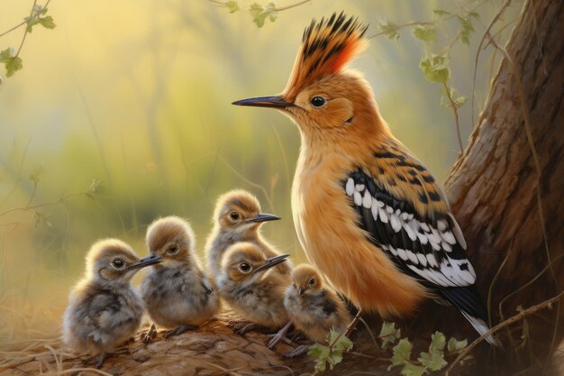 Foto hoopoe eurasiático upupa epops com filhotes