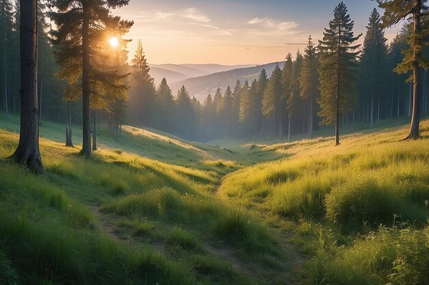 Hora de amanecer del paisaje del campo forestal naturaleza