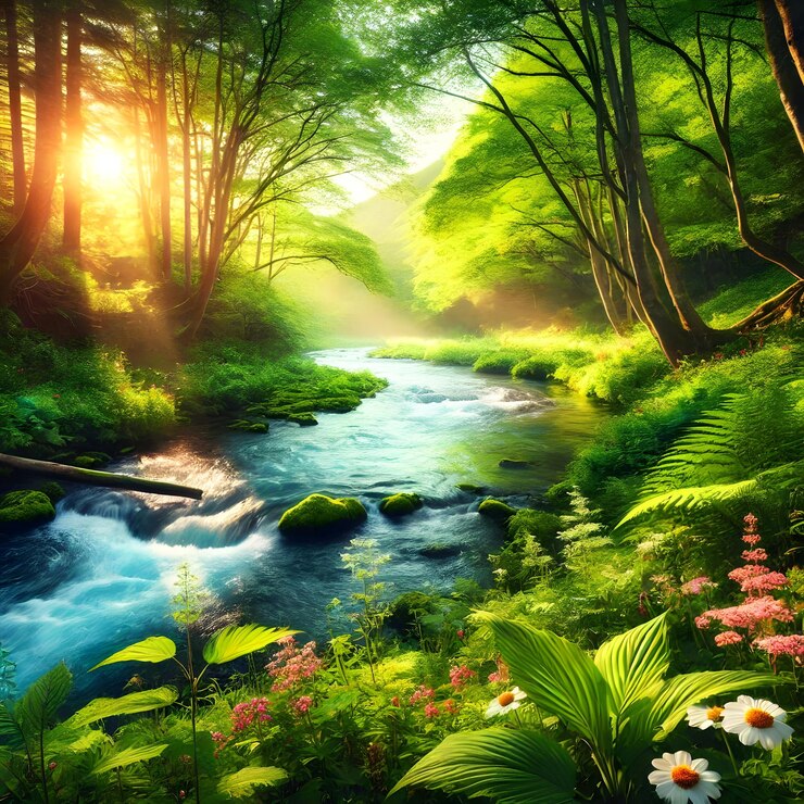 hora del atardecer por la mañana cerca del bosque del río de vista natural