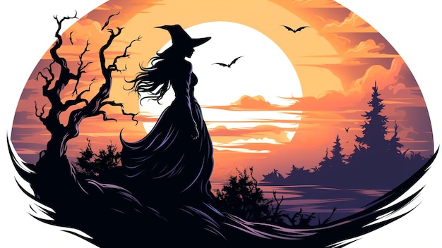 Hora de las Brujas en Halloween con una bruja en un bosque encantado al atardecer IA generativa