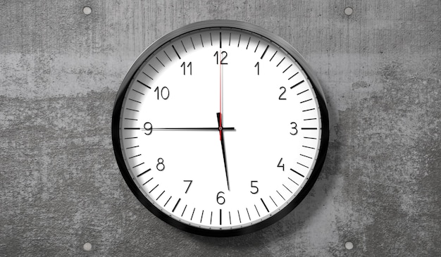 Foto hora a un cuarto de las seis en el reloj clásico reloj analógico en la pared de hormigón áspero ilustración 3d