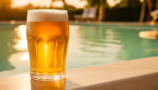 Foto hora de ouro à beira da piscina a desfrutar de um copo de cerveja no verão