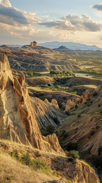 Foto hora de ouro sobre a paisagem acidentada com colinas distantes