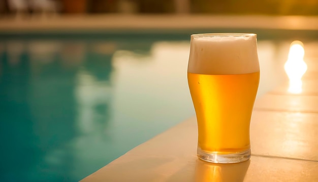 Foto hora de ouro um copo de cerveja no verão à beira da piscina