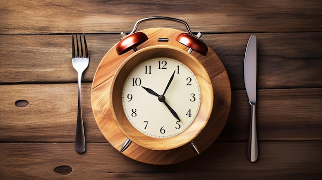 Foto hora de um delicioso relógio de refeição na placa de madeira com garfo e faca generativa ai