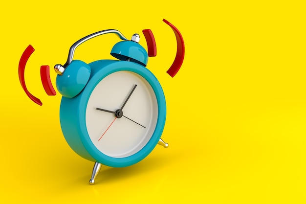 Hora de despertar del reloj de alarma azul aislado sobre fondo amarillo. Representación 3D