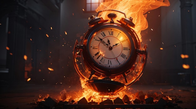 Hora de despertar un reloj está ardiendo en un incendio
