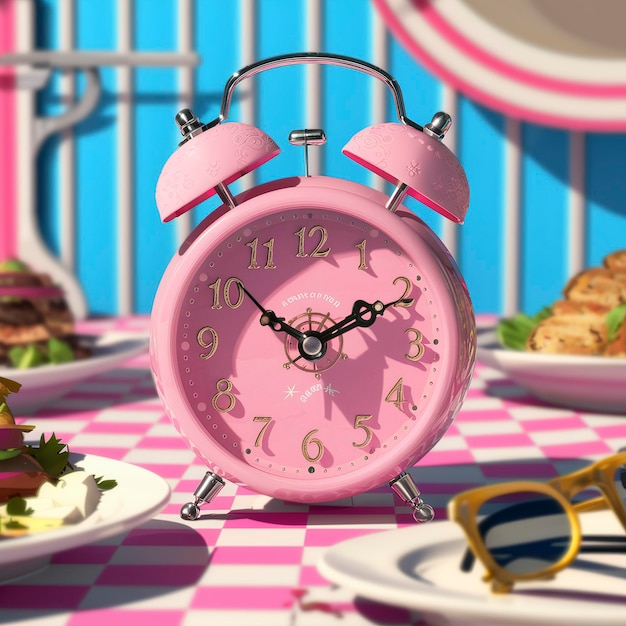 Foto hora do almoço é hora de ir almoçar ou jantar um despertador rosa vintage no fundo colorido clássico da moda