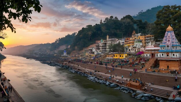 Foto hora do anoitecer na cidade sagrada de rishikesh e destino de viagem na índia