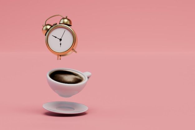 Hora do café o conceito de despertador de descanso matinal e xícara de café em um fundo rosa