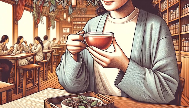 É hora do chá. A rapariga está a beber chá. Ilustração.