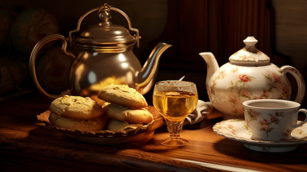 Hora do chá com bule de chá e biscoitos