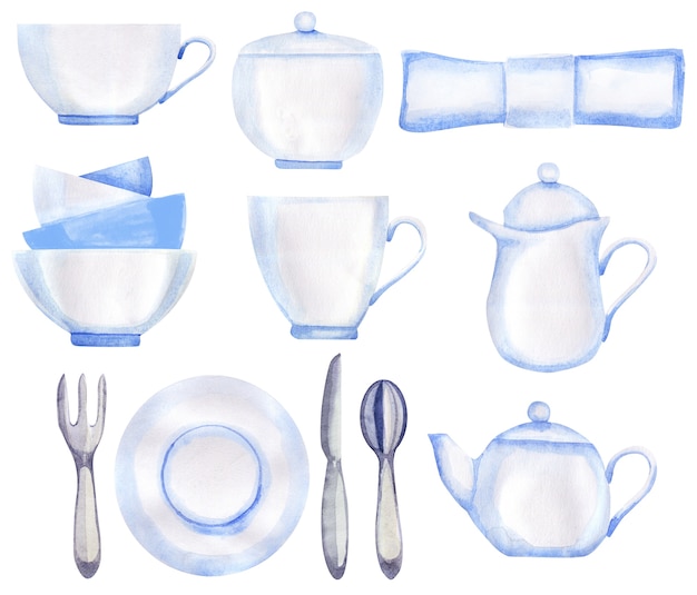 Hora do chá definida em estilo retro. pratos brancos desenhados à mão