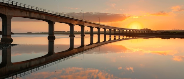 La hora dorada arroja un brillo cálido sobre un puente sereno perfectamente reflejado en las aguas tranquilas debajo mientras el sol se pone en el horizonte