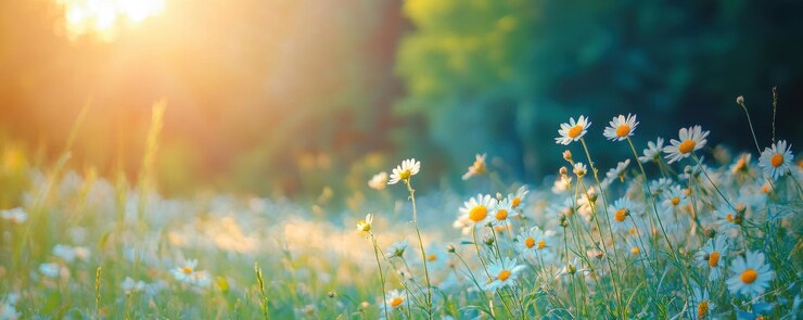 La hora dorada la bendición del prado soleado con flores en flor que abrazan el crecimiento