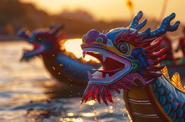 Foto la hora dorada ilumina una carrera de barcos dragón con remeros en sincronización y agua brillante capturando el espíritu de este vibrante evento cultural festival asiático