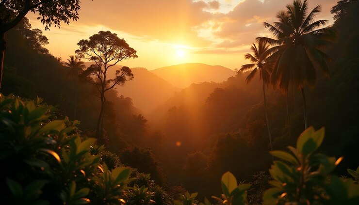 La hora dorada en la jungla desde el punto de vista del atardecer