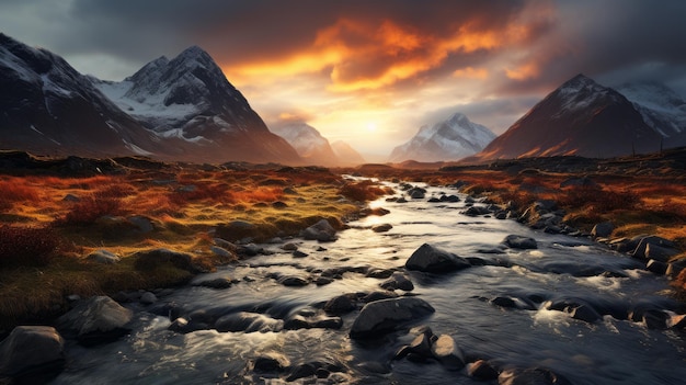 La hora dorada, el paisaje silvestre, el arroyo de montaña y la majestuosa cordillera