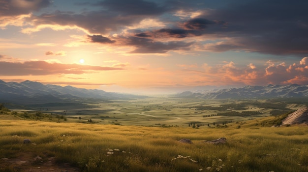 Foto la hora dorada a los pies de las colinas un paisaje montañoso sereno y realista