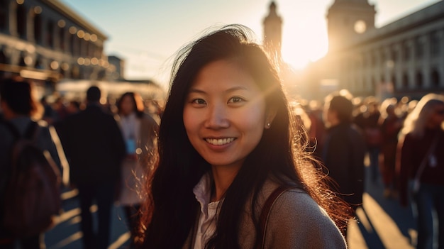 Hora de máxima audiencia en San Francisco Cielos despejados un agradable día soleado mujer joven de China IA generativa