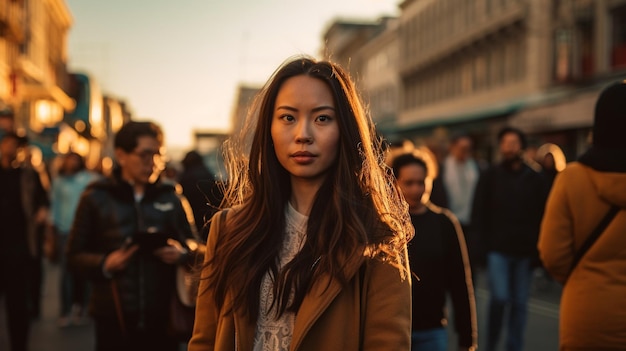 Hora de máxima audiencia en San Francisco Cielos despejados un agradable día soleado mujer joven de China IA generativa