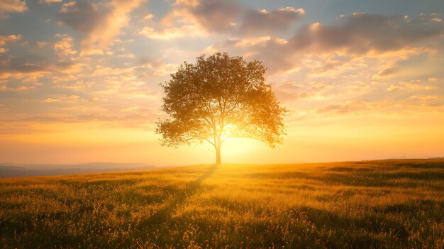 Hora de oro Serenidad Árbol solitario en un campo soleado