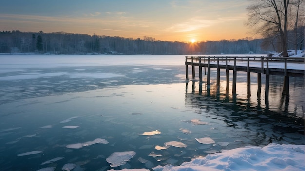 Hora de oro sobre un lago congelado con muelle