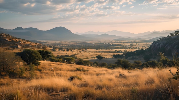 Hora de oro sobre un paisaje sereno campos hundidos y colinas onduladas ideales para temas de naturaleza y tranquilidad IA