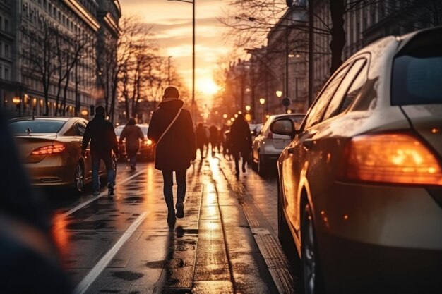 Hora pico de la ciudad con gente y bokeh luz borrosa de fondo IA generativa