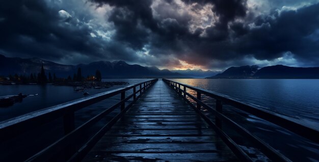 Foto a la hora de la puesta del sol nubes sobre el muelle del río foto del puente agua en el fondo de la montaña