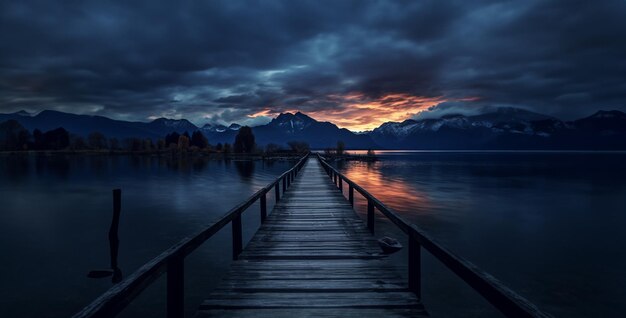 a la hora de la puesta del sol nubes sobre el muelle del río foto del puente agua en el fondo de la montaña