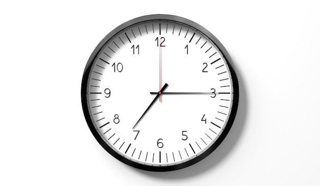 Hora a las siete y cuarto horas reloj analógico clásico en fondo blanco ilustración 3D