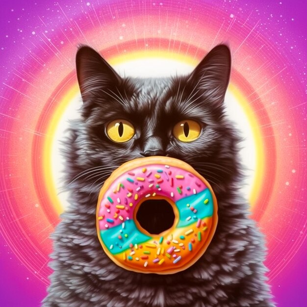 Foto hora del té de lindo gato con donut concepto de bebida sabrosa o deliciosa