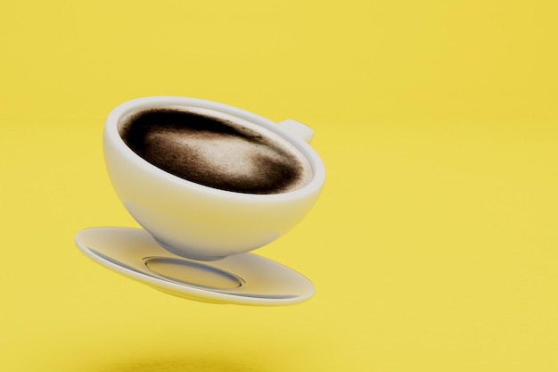 Hora de tomar café una taza de café en un platillo sobre un fondo amarillo copiar pegar copiar espacio 3D render