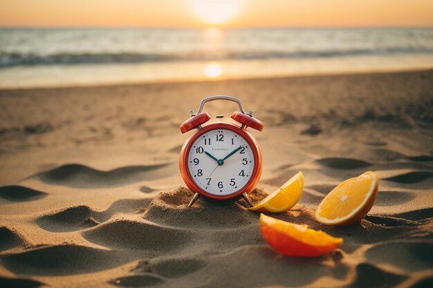 Foto hora de verano tarjeta de papel y despertador en el beachtable