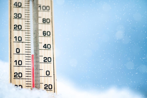 Horário de inverno O termômetro na neve com fundo desfocado mostra baixas temperaturas celsius e farenheit