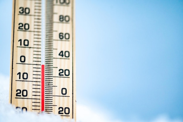 Horário de inverno O termômetro na neve com fundo desfocado mostra baixas temperaturas celsius e farenheit