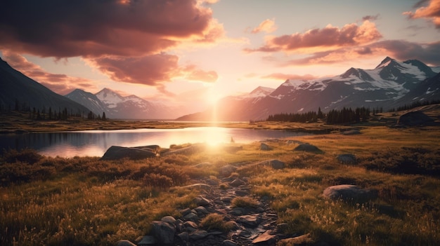 Foto horário de ouro paisagem selvagem montanhas lago e luz natural