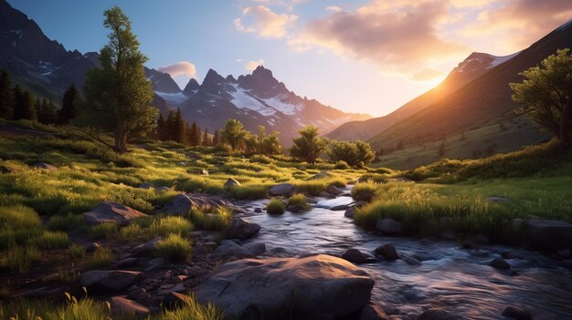 Foto horário de ouro paisagem selvagem paisagem de montanha inspirada em terragen com rio e grama verde