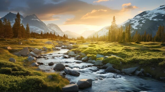 Foto horário de ouro paisagem selvagem terragen inspirado riacho nas montanhas