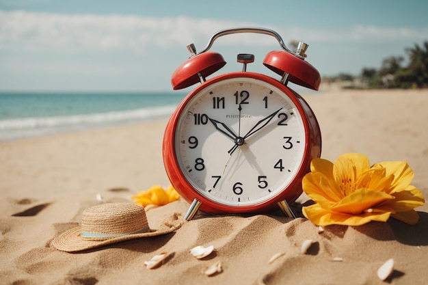 Foto horário de verão cartão de papel e despertador no beachtable