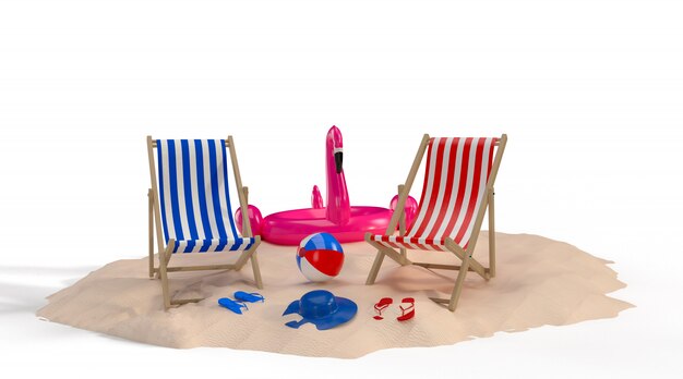 Horário de verão com elementos, bóia flamingo, anel de piscina, bola, anel flutuante e cadeira