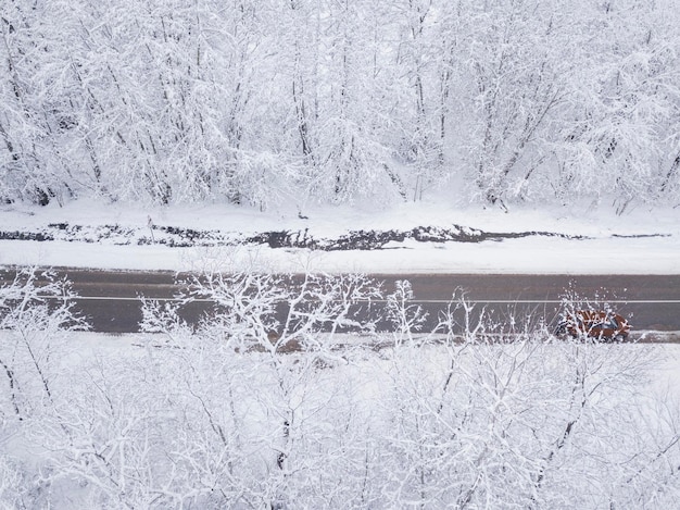 Horario de invierno vista aérea de arriba hacia abajo de un camino cubierto de nieve rodeado de un bosque de pinos