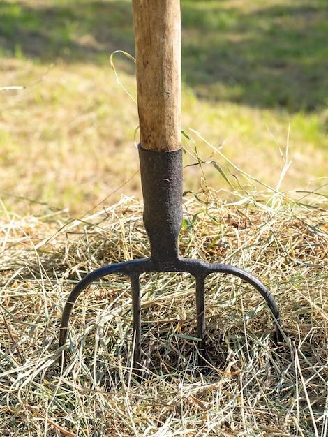 Una horca para agricultura está clavada en el suelo contra el fondo de un pajar.